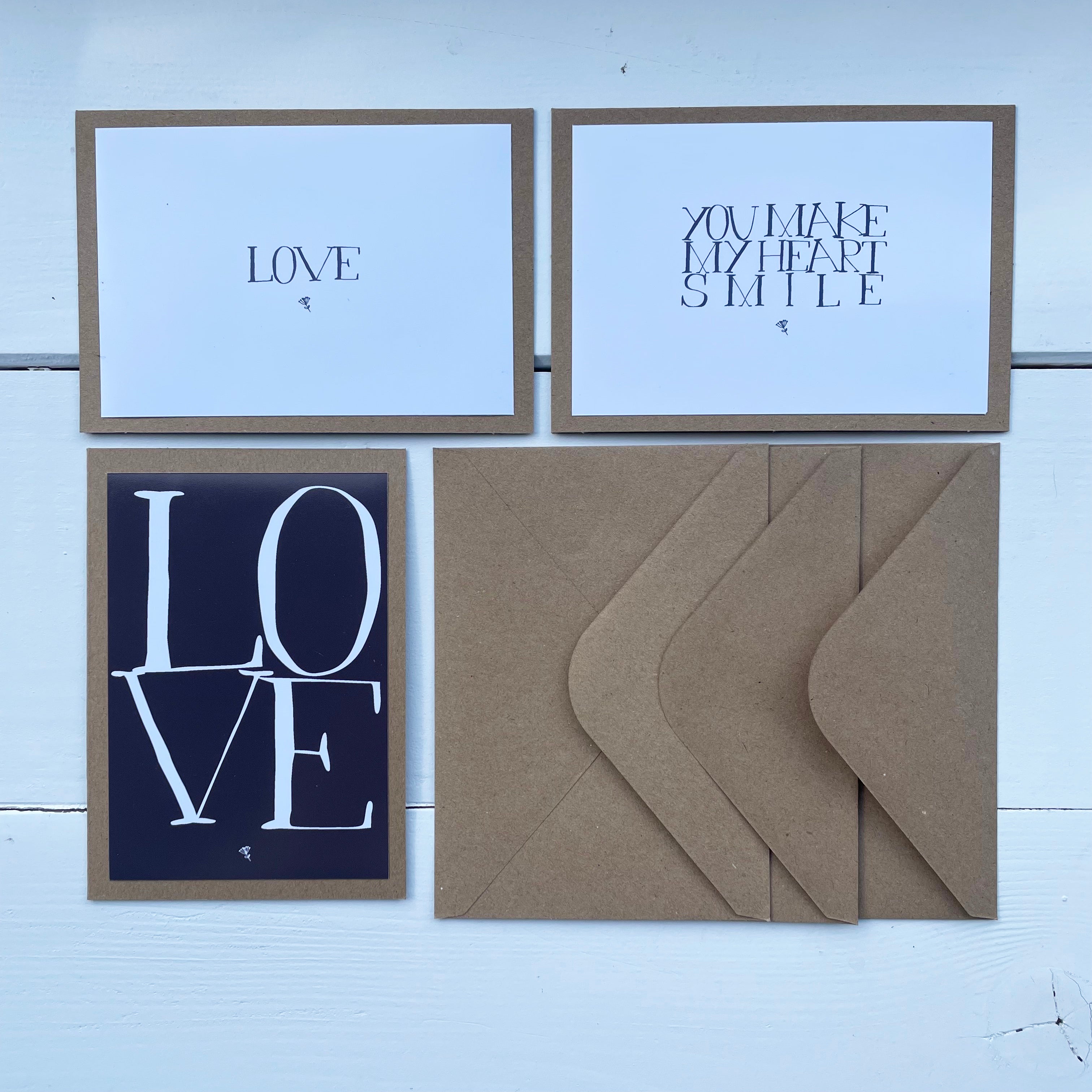 Set mit 3 hangemachten Liebeskarten